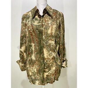 Le Caviar button up shirt VTG Y2K grunge paisley bow sleeve sheer casual women L